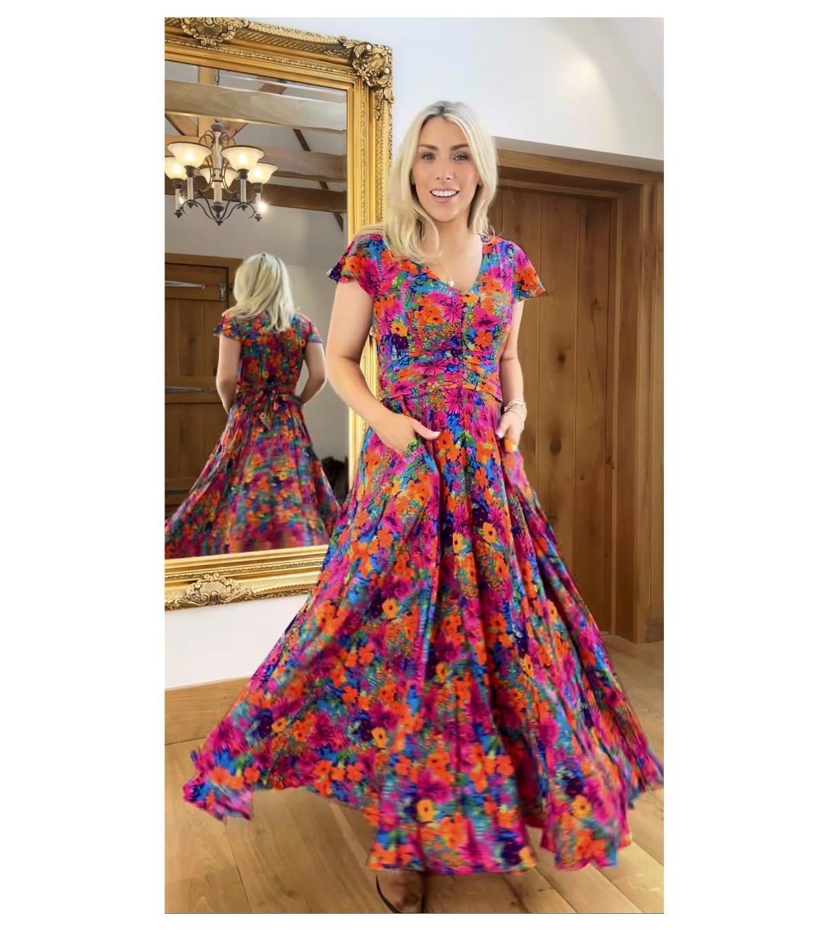 Vibrant Multi Print Button Detail Maxi Dress