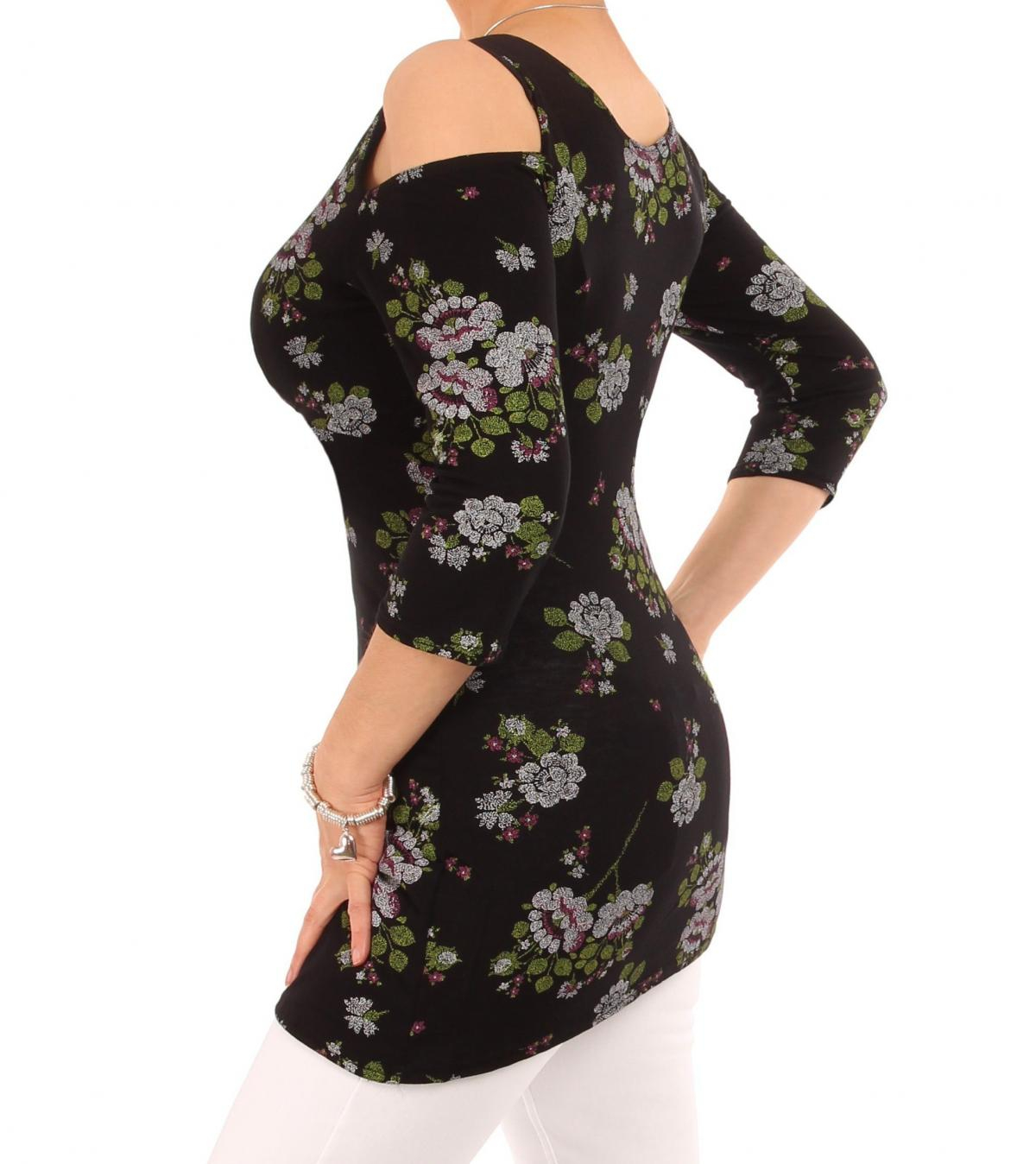 Black and Green Floral Cold Shoulder Top