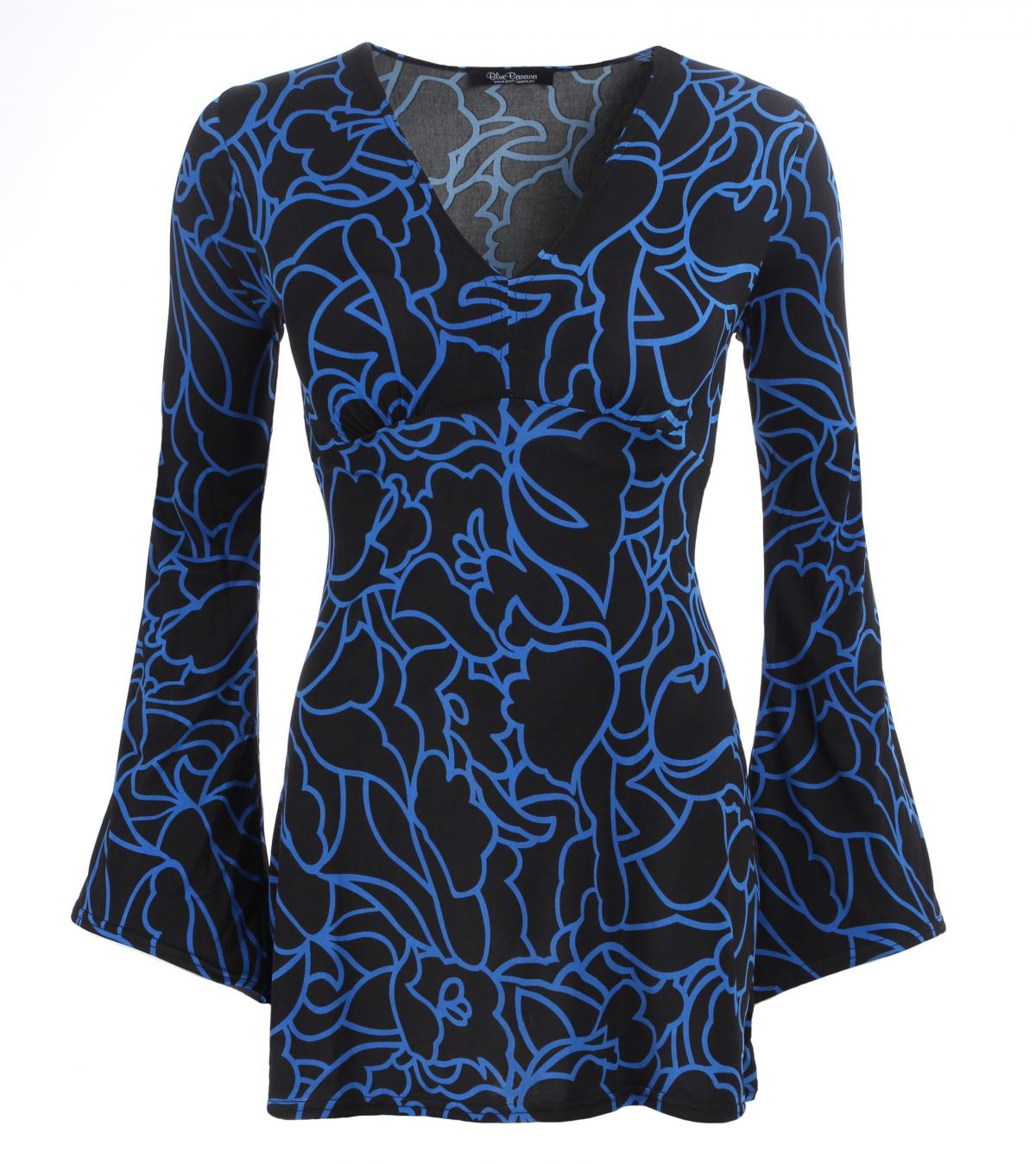Blue Squiggle Print Bell Sleeve Tunic Top