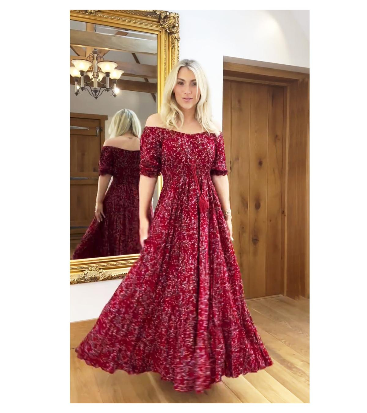 Dark Red Ditsy Print off the Shoulder Maxi Dress