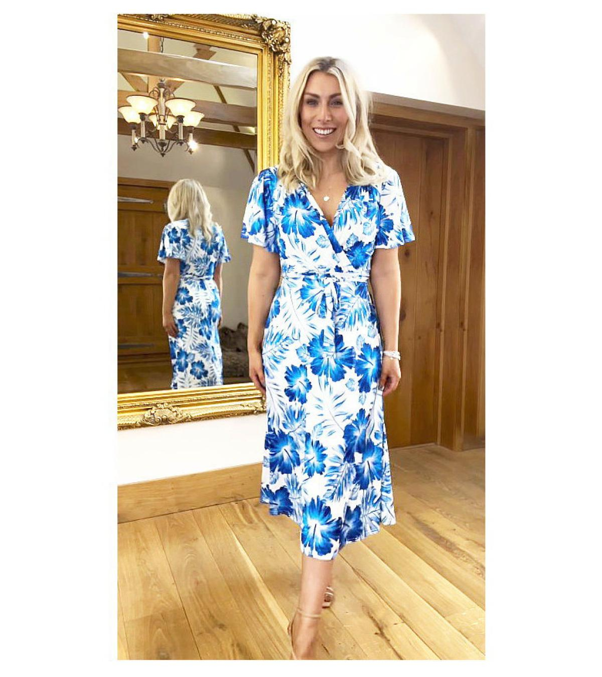 Blue Floral V Neck Belted Flutter Sleeve Dress