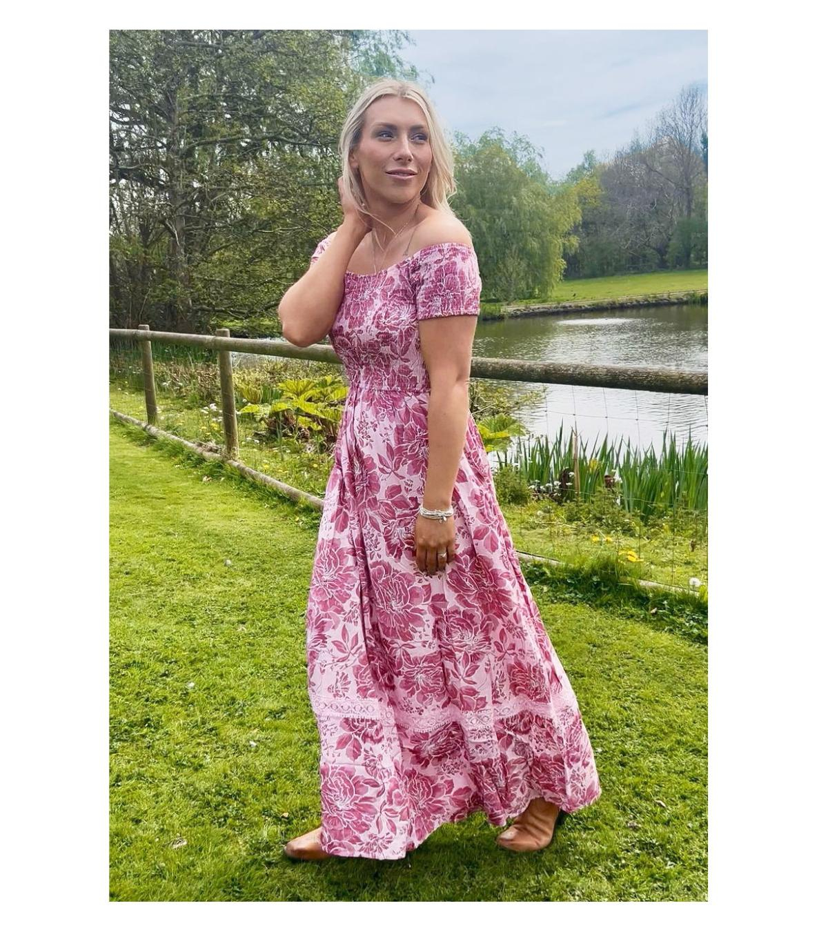 Pink Floral Bardot Shirred Maxi Dress