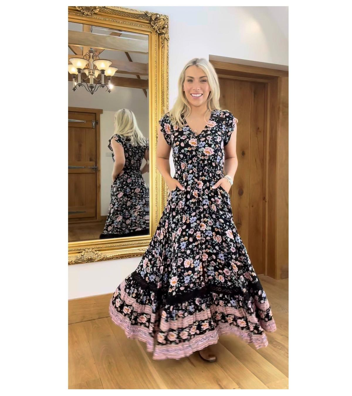 Boho Black and Pink Floral Button up Maxi Dress