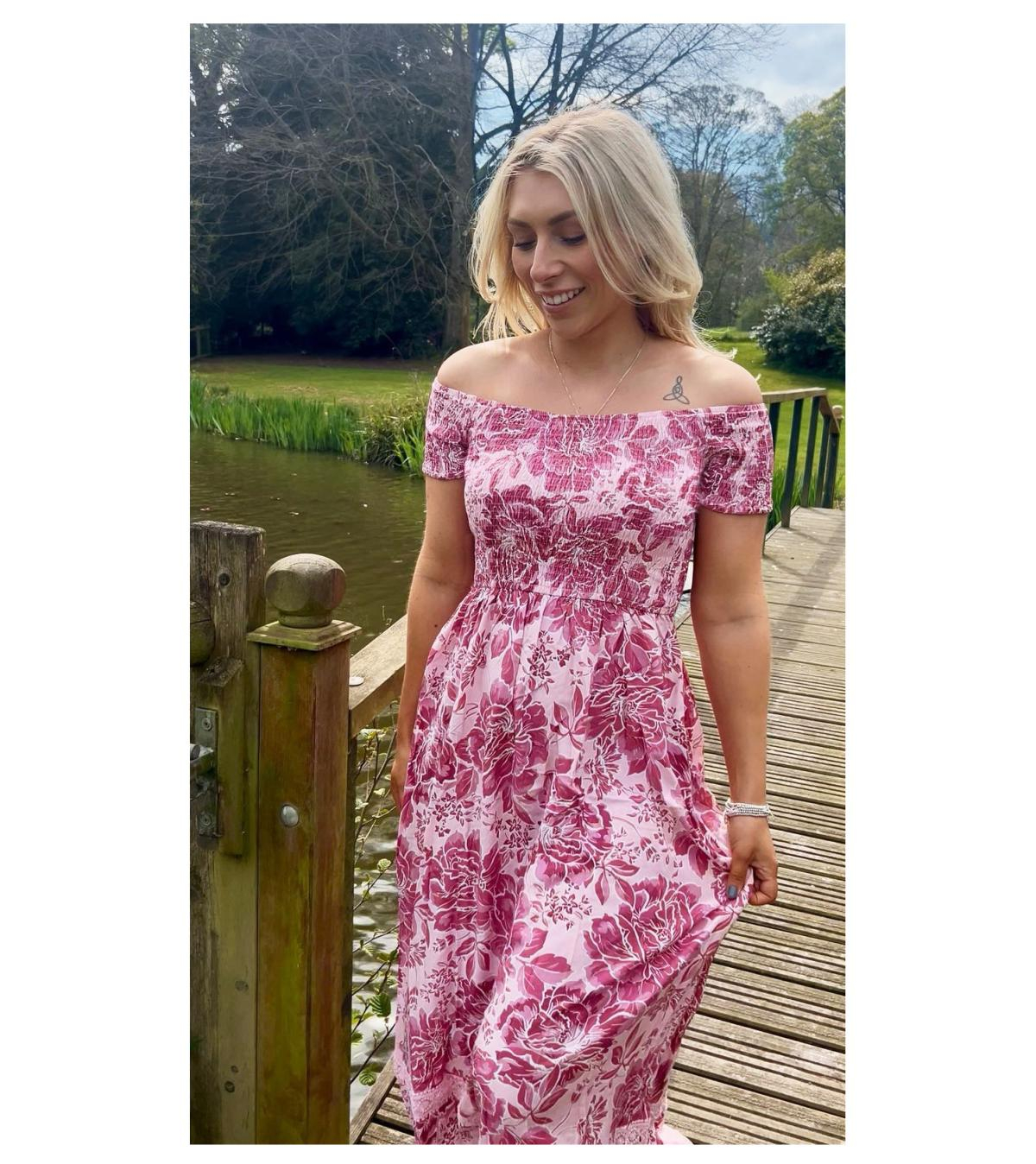 Pink Floral Bardot Shirred Maxi Dress