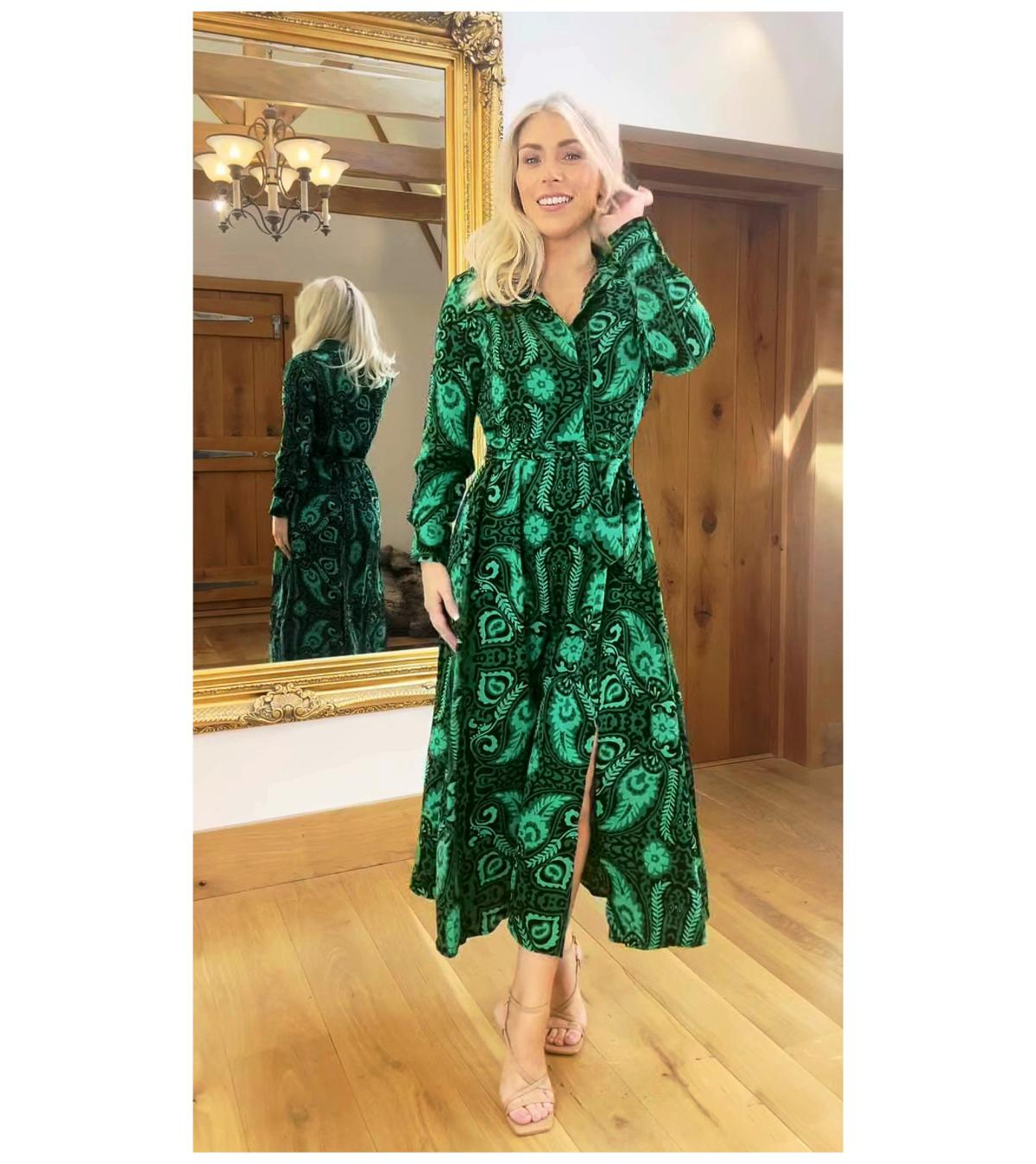 Green Paisley Collared Shirt Dress