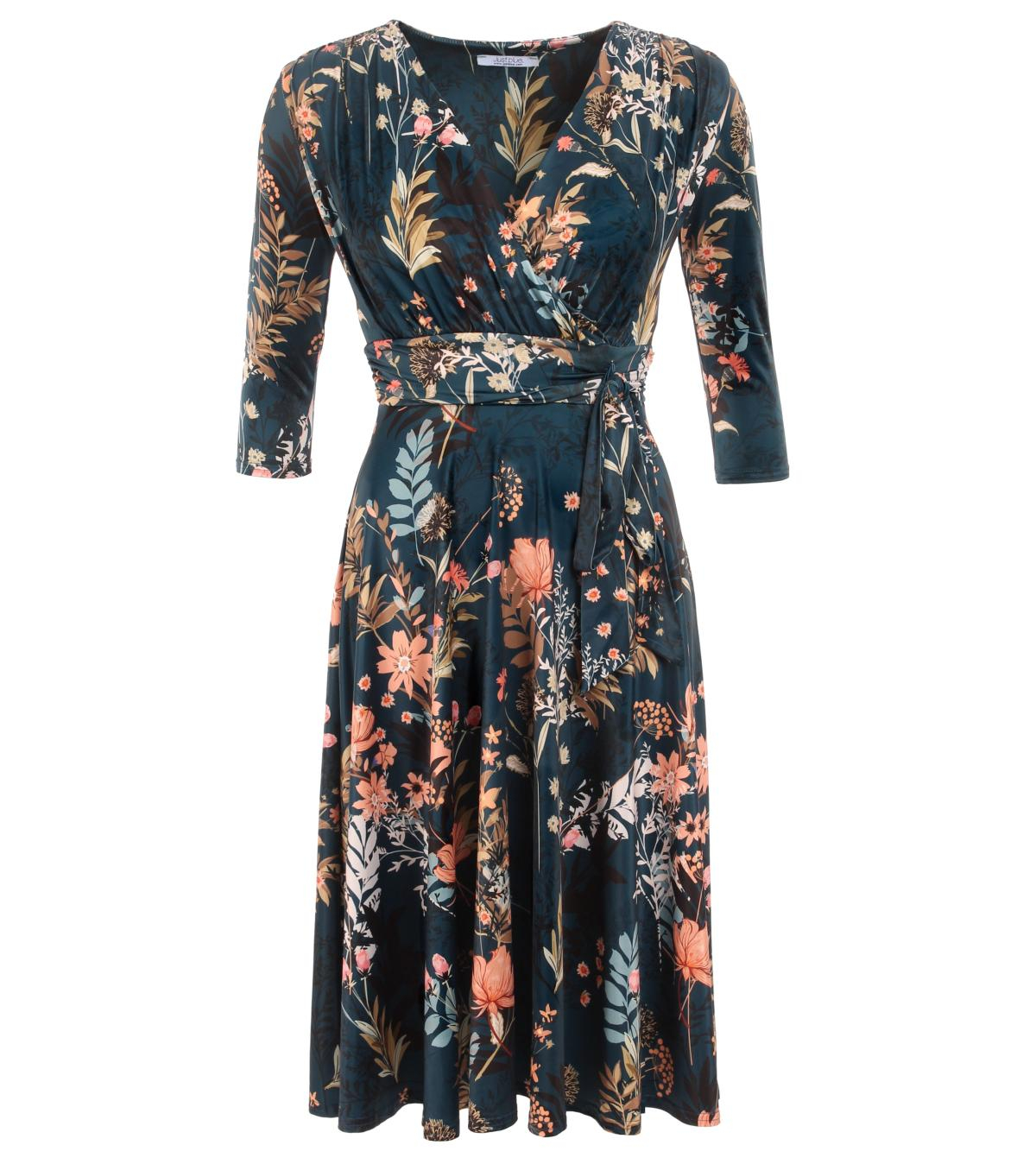 Dark Teal Floral Fit & Flare Tie Detail Dress