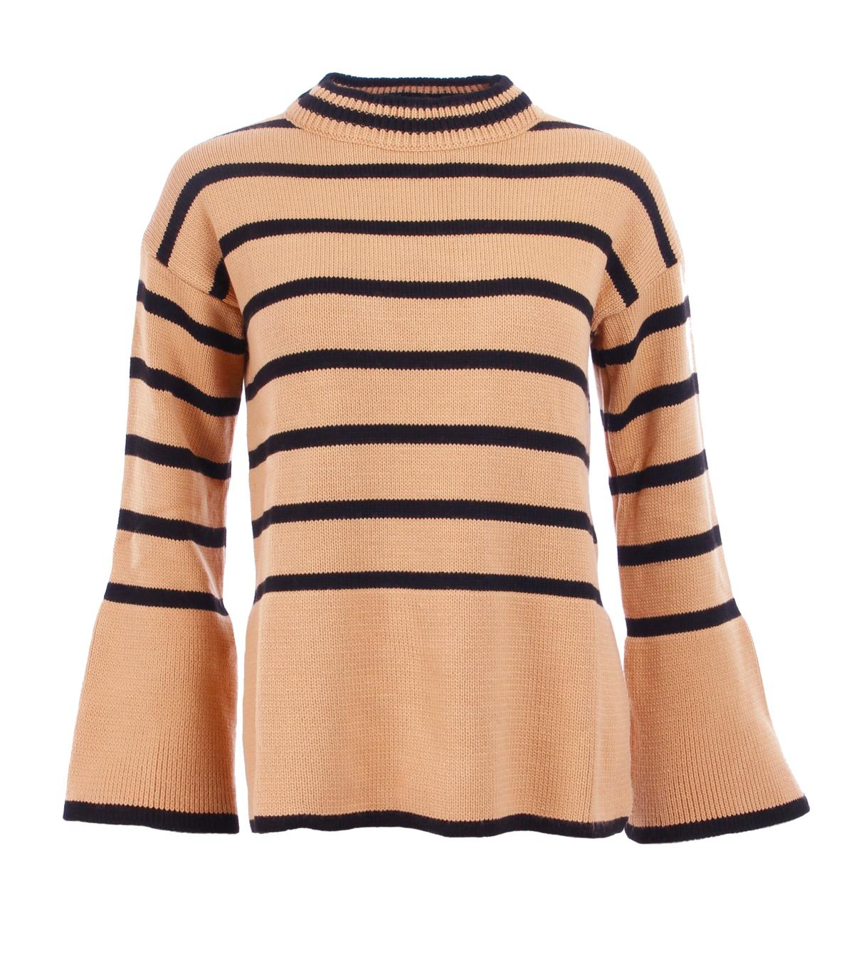 Camel and Black Striped Bell Sleeve Jumper