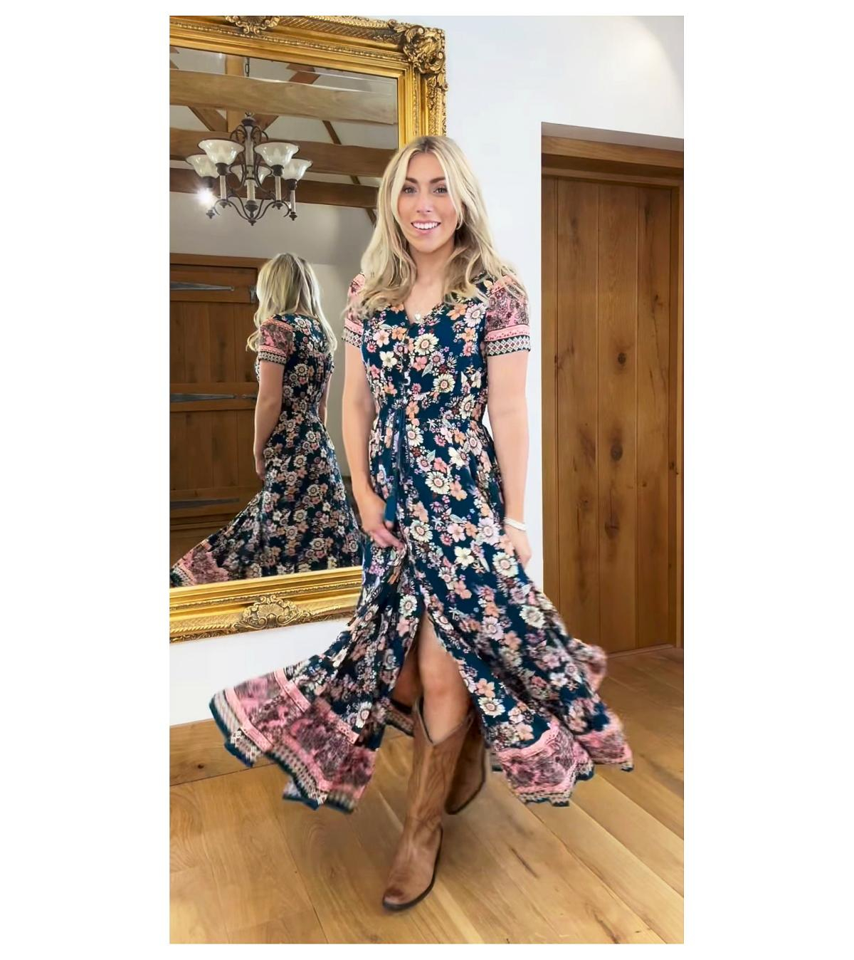 Teal and Pink Vintage Floral Button up Maxi Dress