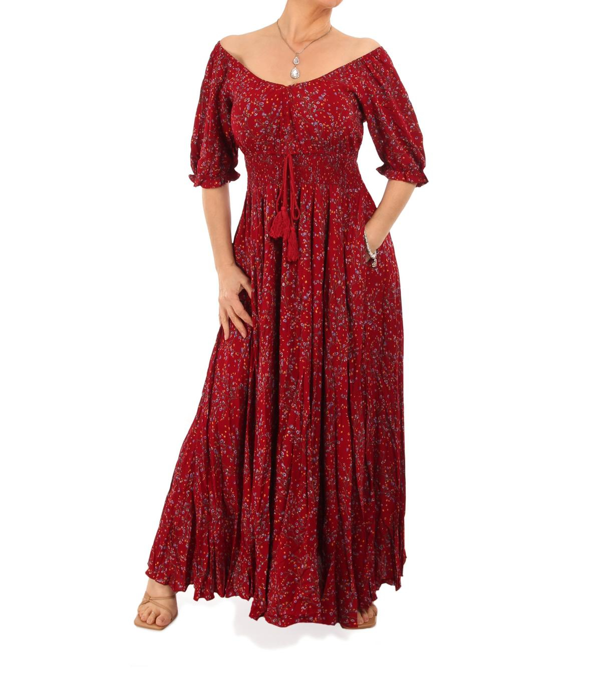 Dark Red Ditsy Print off the Shoulder Maxi Dress