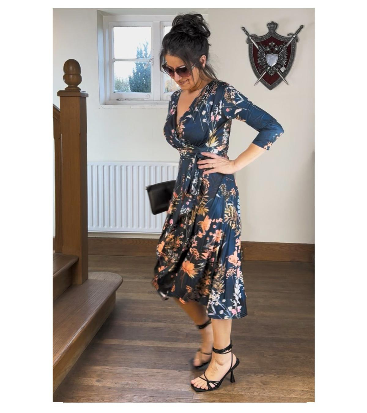 Dark Teal Floral Fit & Flare Tie Detail Dress