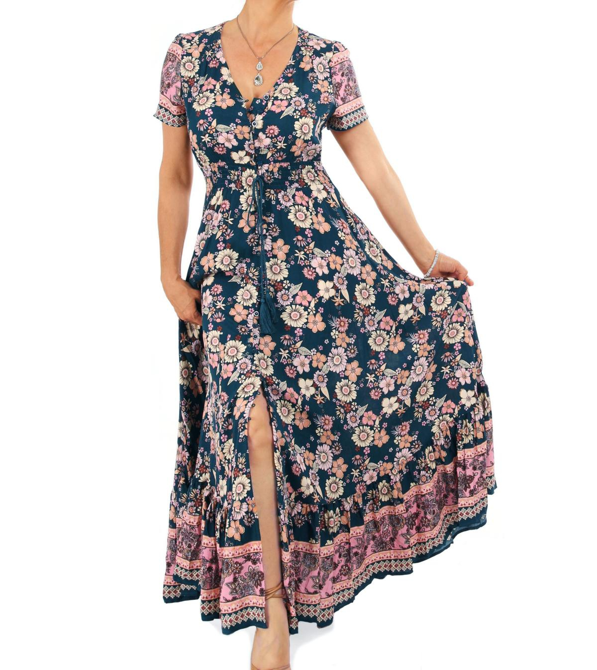 Teal and Pink Vintage Floral Button up Maxi Dress