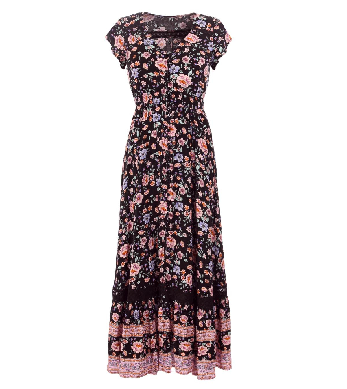 Boho Black and Pink Floral Button up Maxi Dress