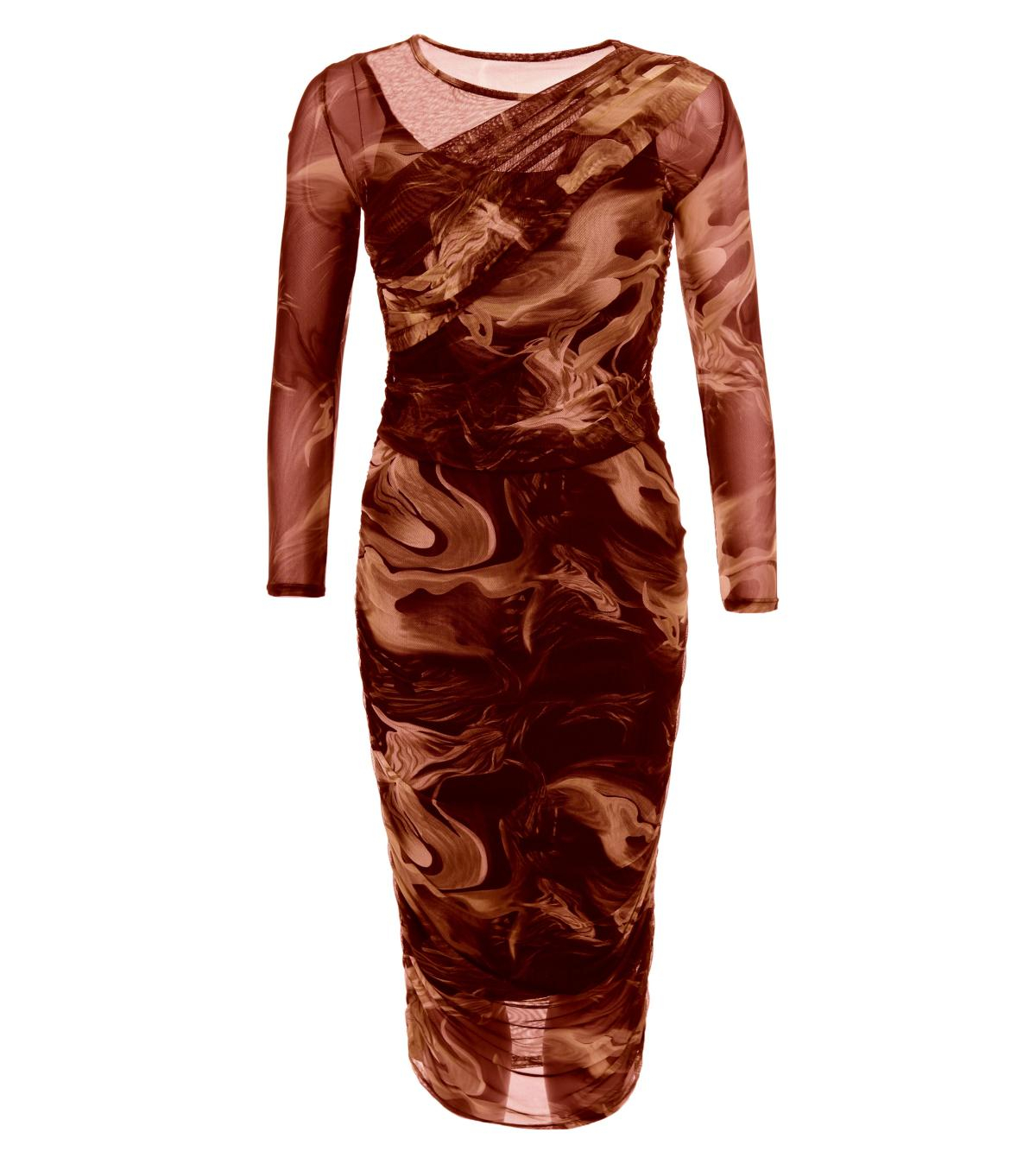 Brown Printed Mesh Co-Ord Top and Skirt Set