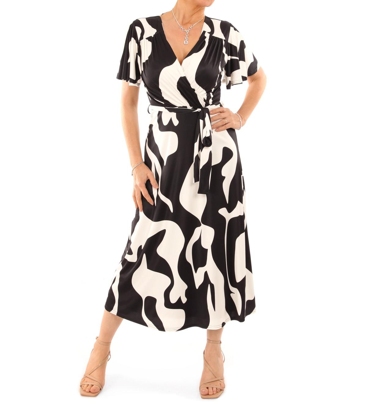 Black and Ivory V Neck Belted Flutter Sleeve Dress