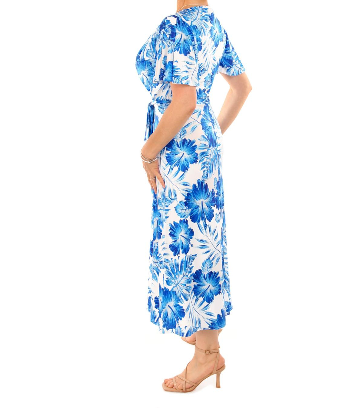 Blue Floral V Neck Belted Flutter Sleeve Dress