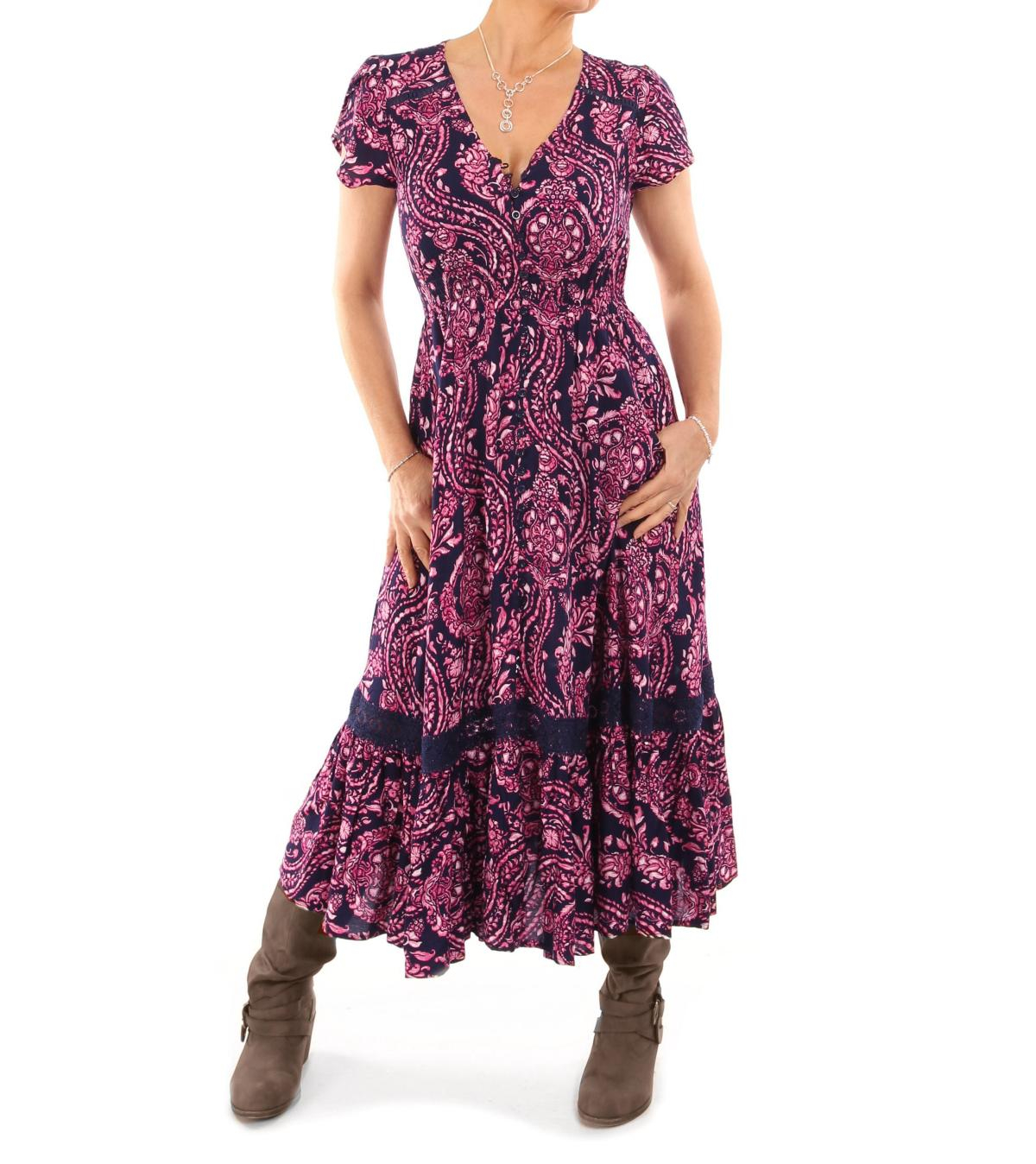 Pink and Navy Blue Paisley Button Through Midi Dress