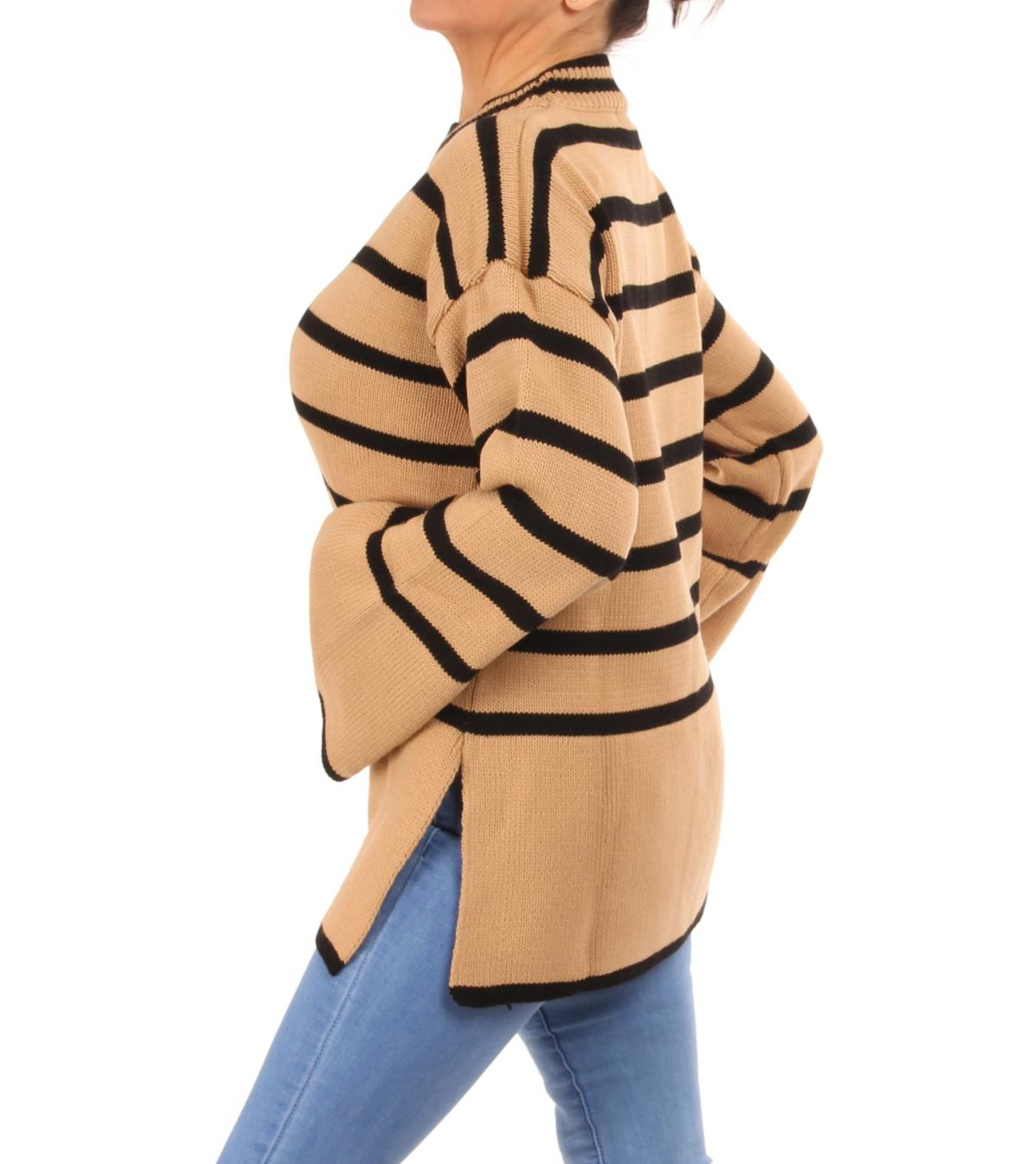 Camel and Black Striped Bell Sleeve Jumper