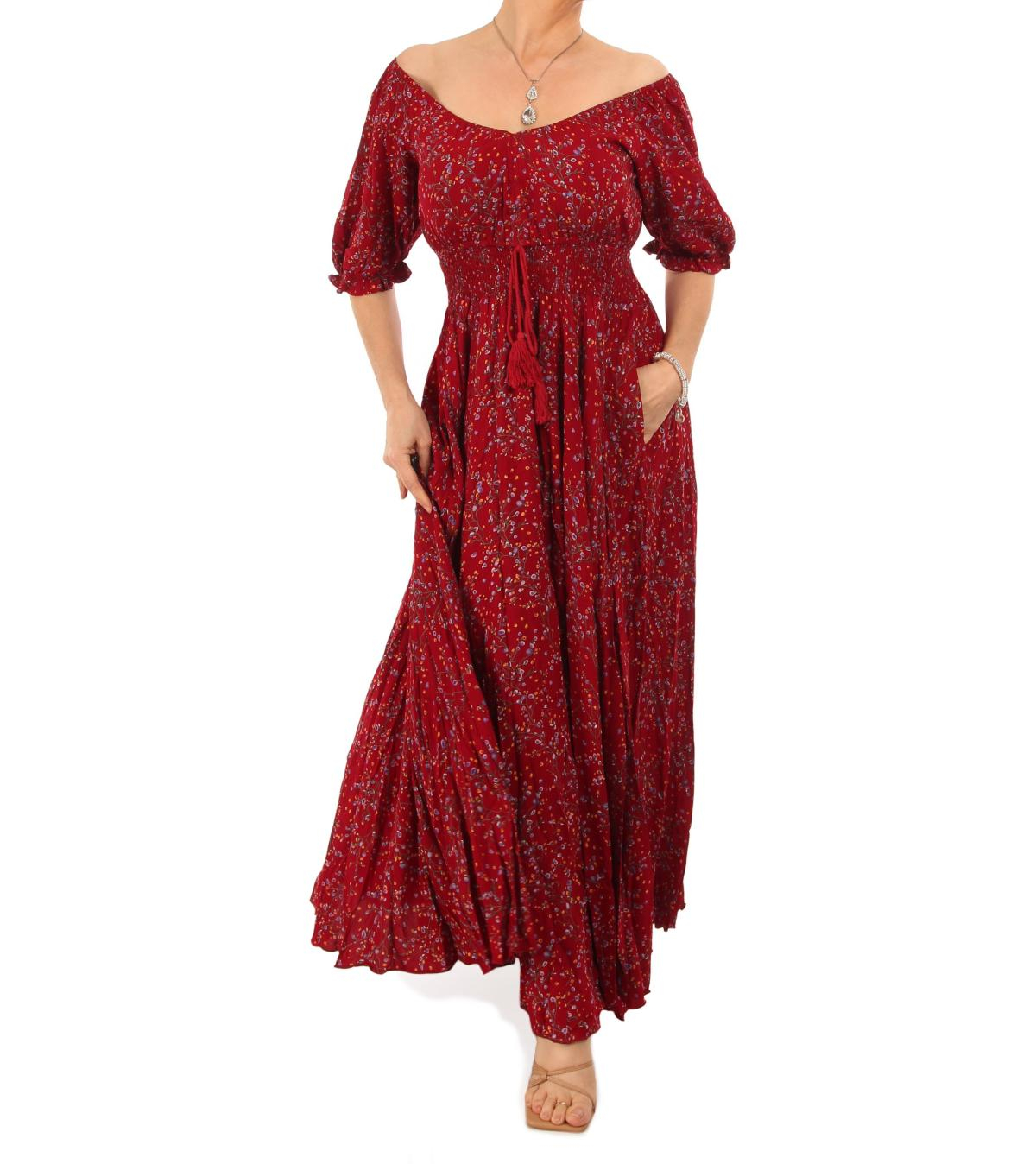 Dark Red Ditsy Print off the Shoulder Maxi Dress