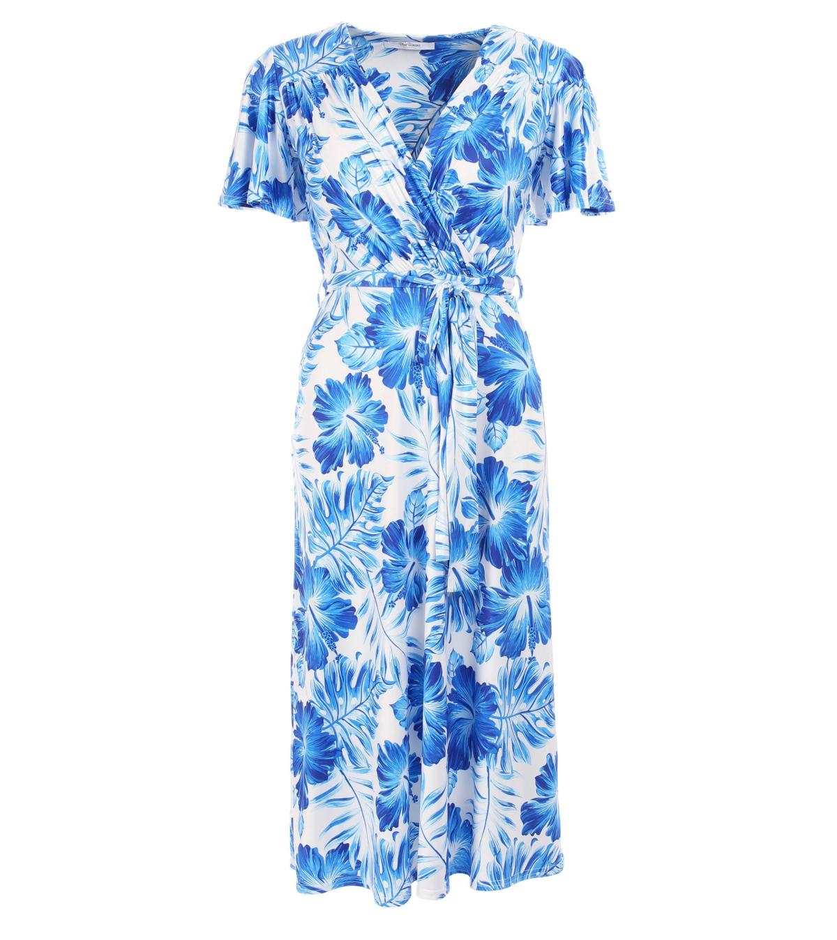 Blue Floral V Neck Belted Flutter Sleeve Dress