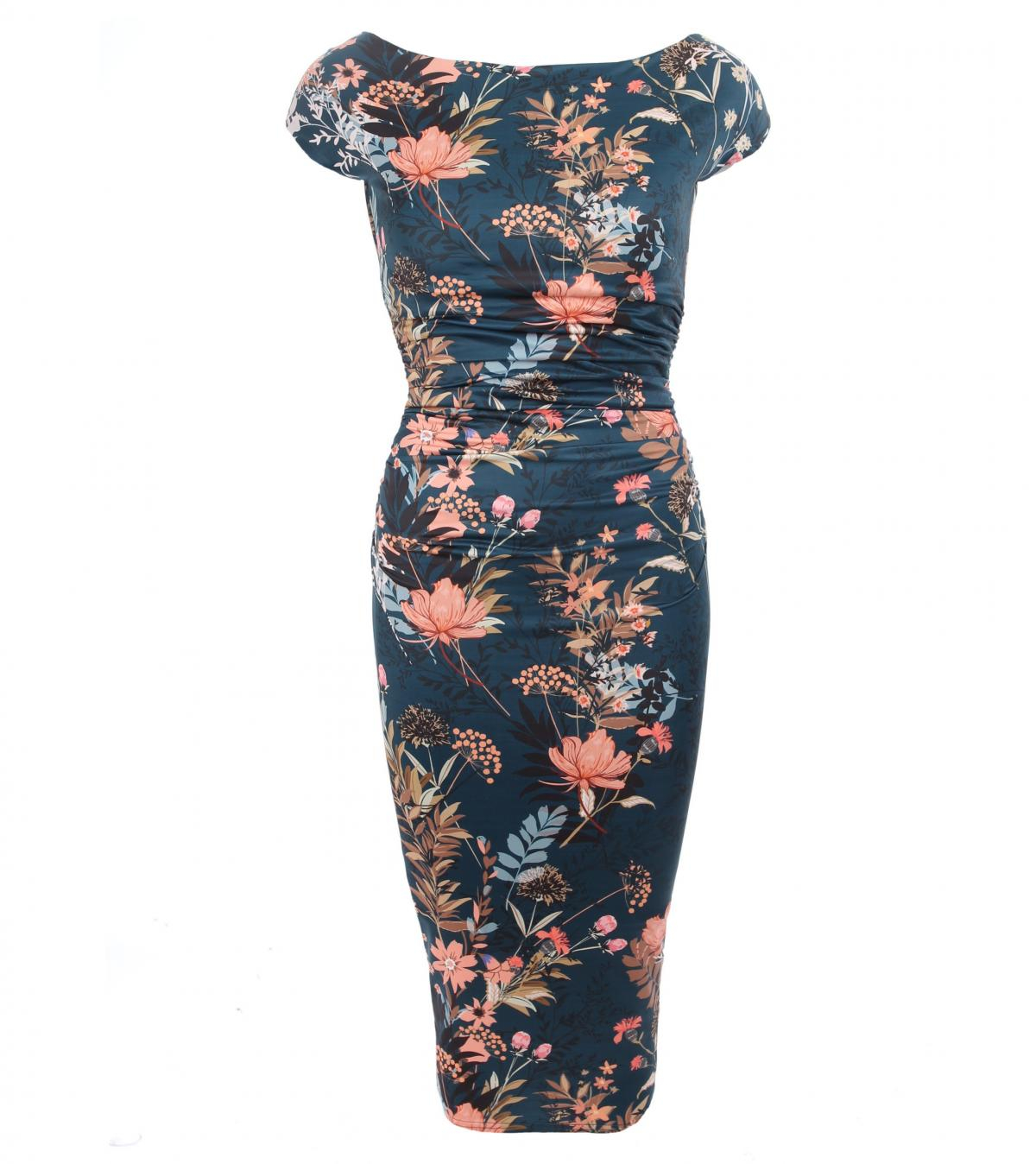 Teal Floral Ruched Pencil Dress