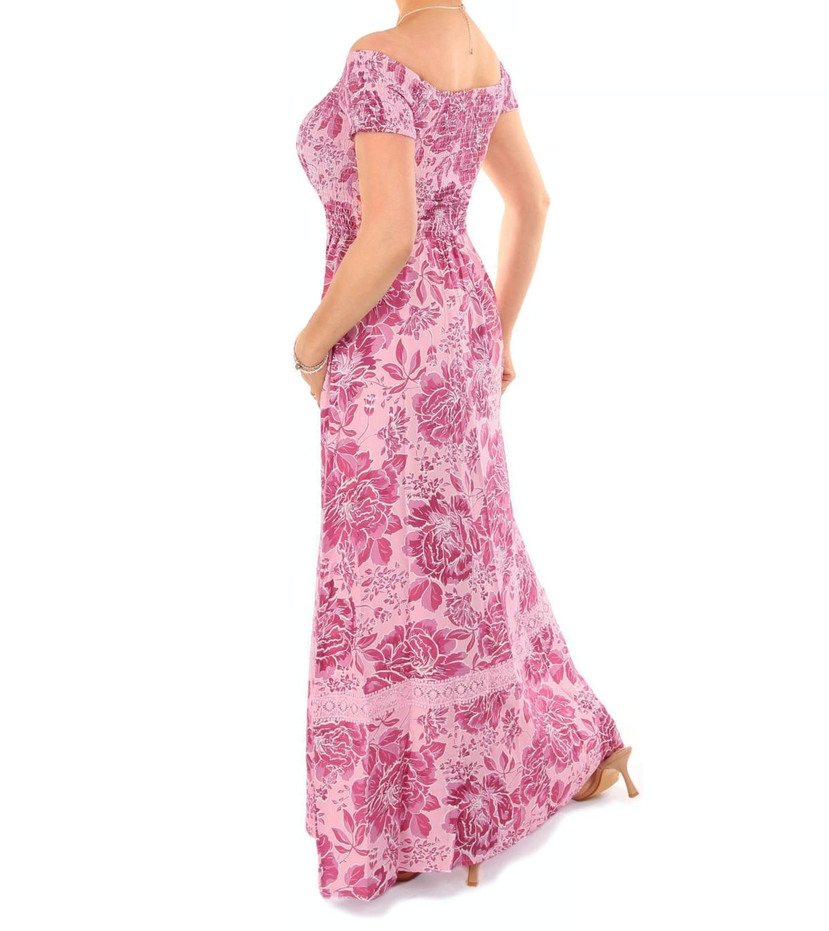 Pink Floral Bardot Shirred Maxi Dress