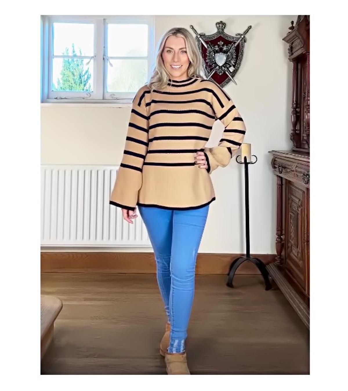 Camel and Black Striped Bell Sleeve Jumper