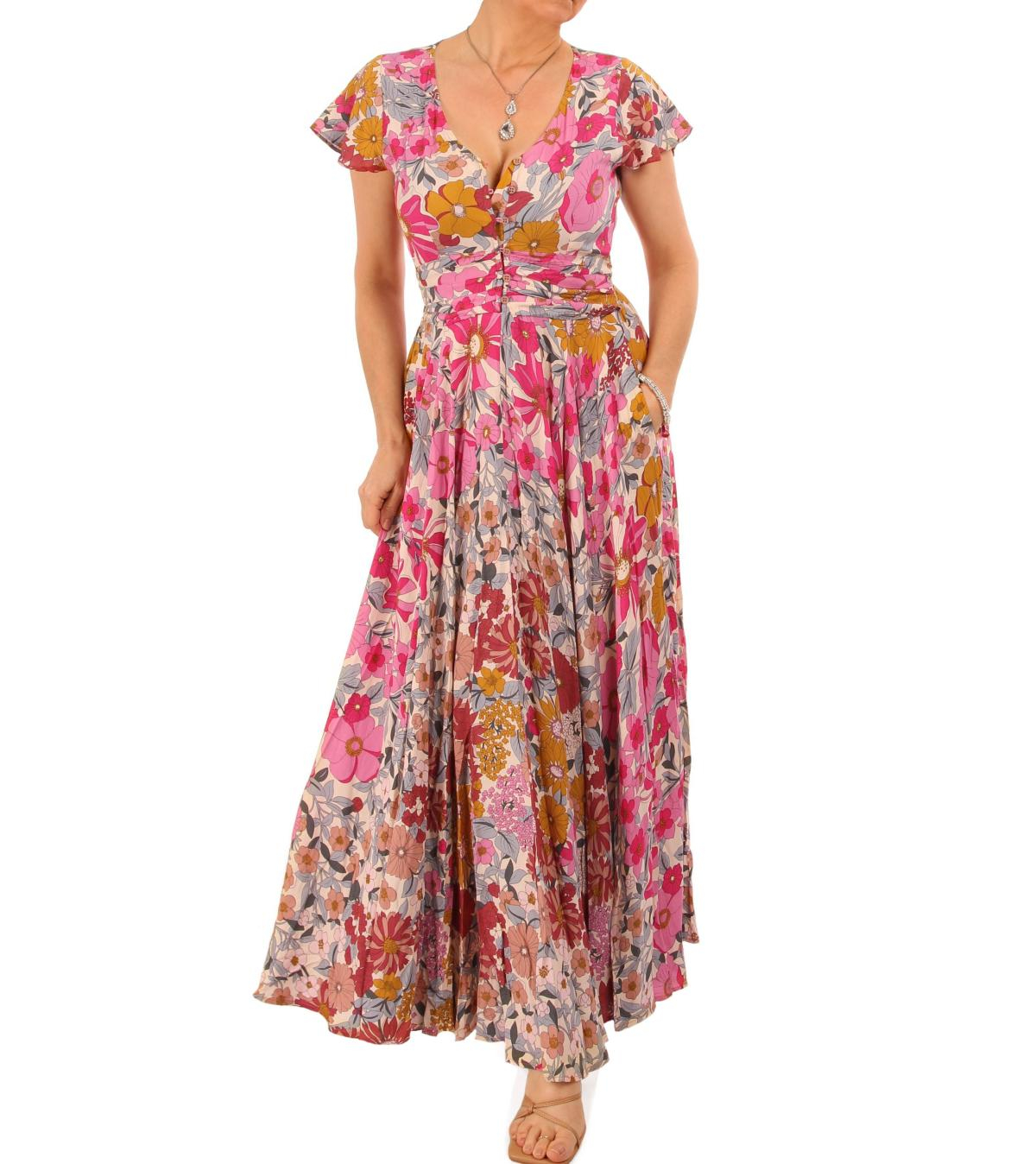 Pink Multi Print Button Detail Maxi Dress