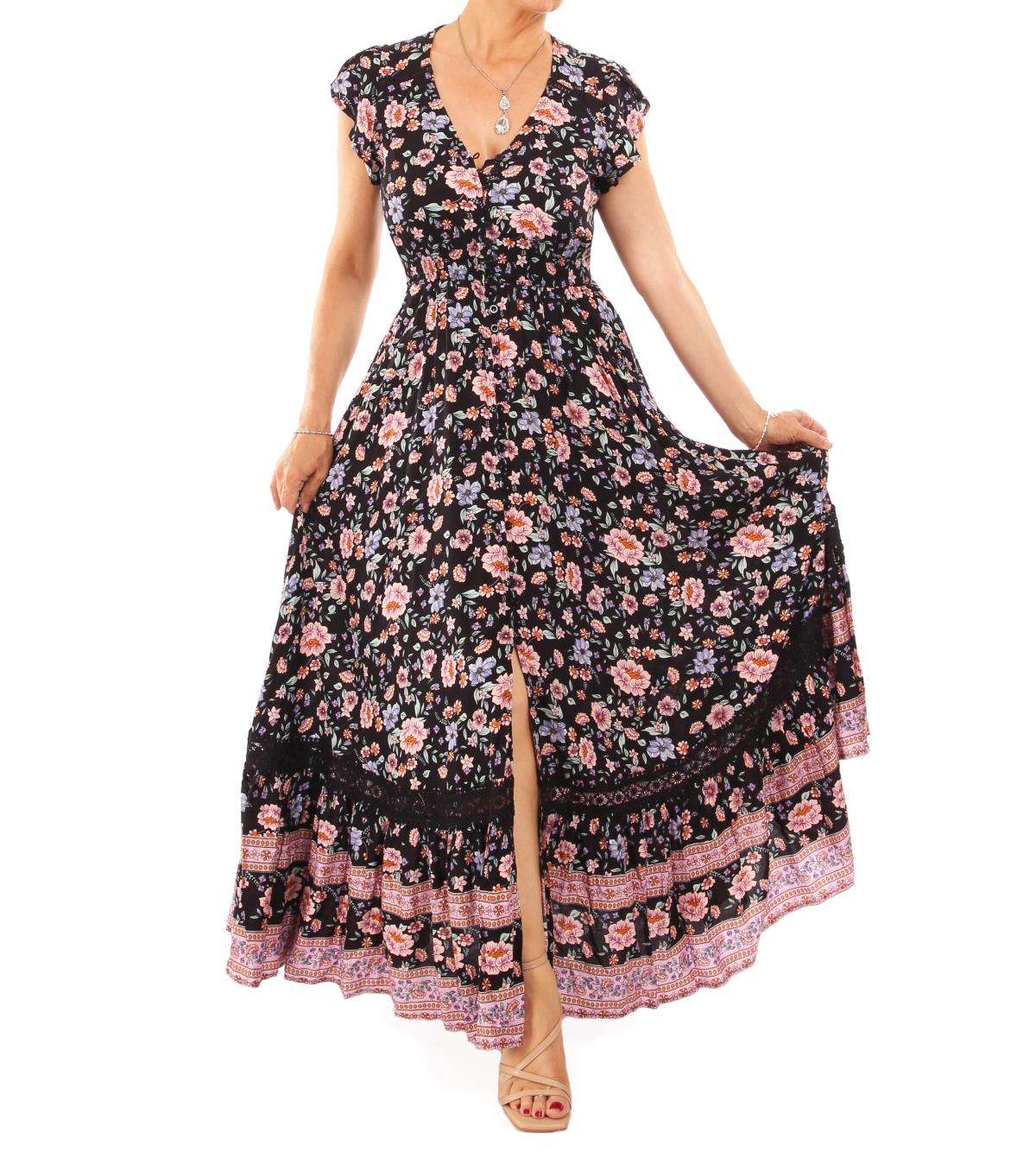Boho Black and Pink Floral Button up Maxi Dress
