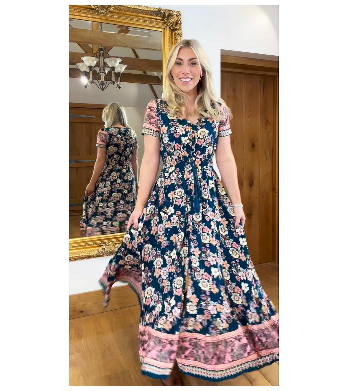 Teal and Pink Vintage Floral Button up Maxi Dress