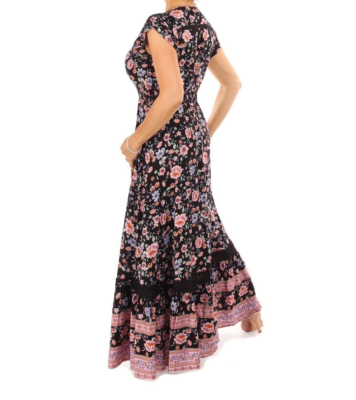 Boho Black and Pink Floral Button up Maxi Dress