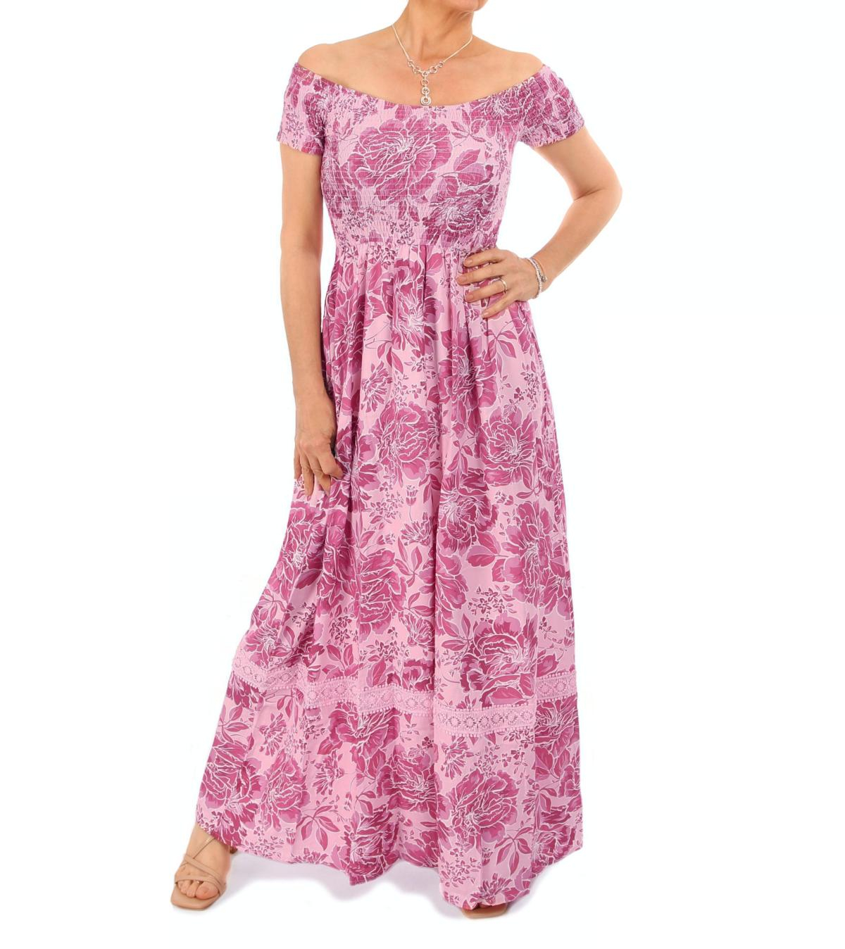 Pink Floral Bardot Shirred Maxi Dress