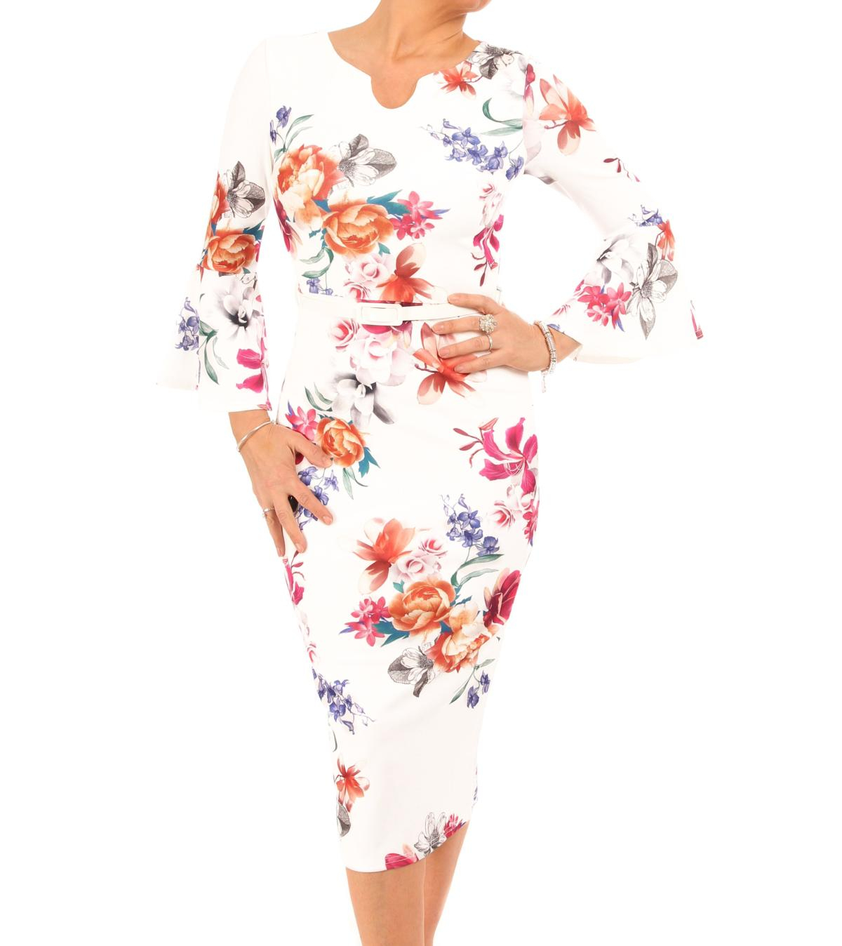 Ivory Floral Bell Sleeve Pencil Dress