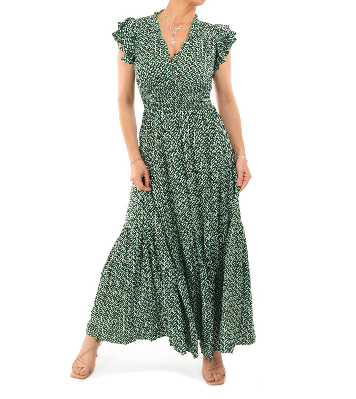 Green Geometric Print Button Detail Maxi Dress