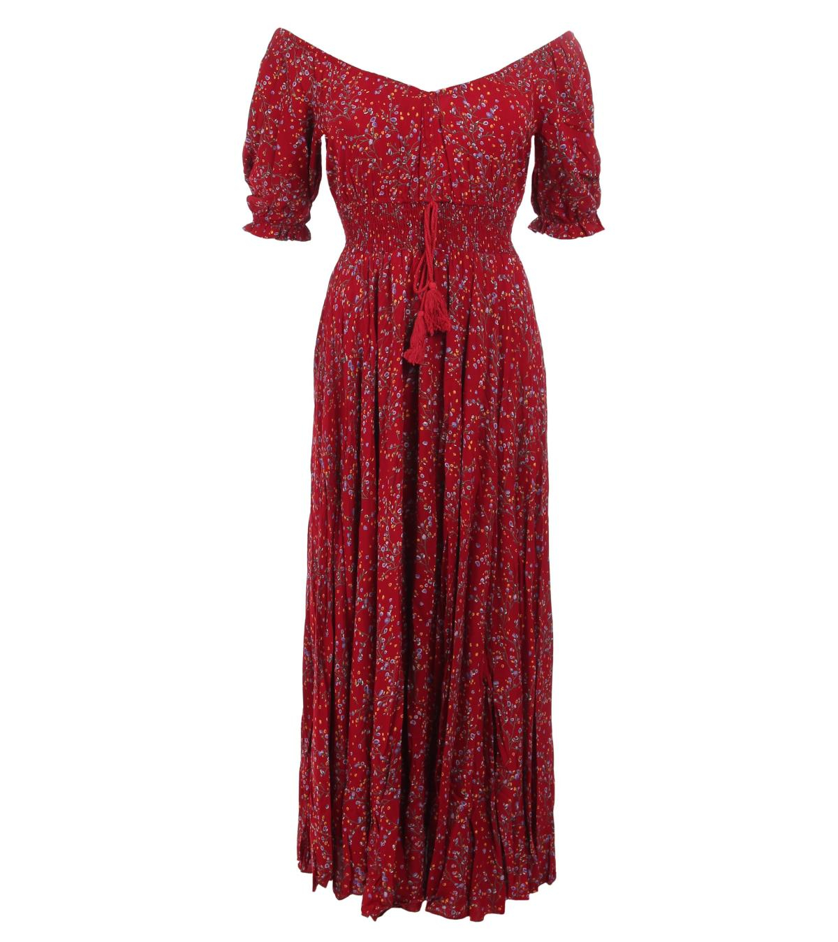 Dark Red Ditsy Print off the Shoulder Maxi Dress