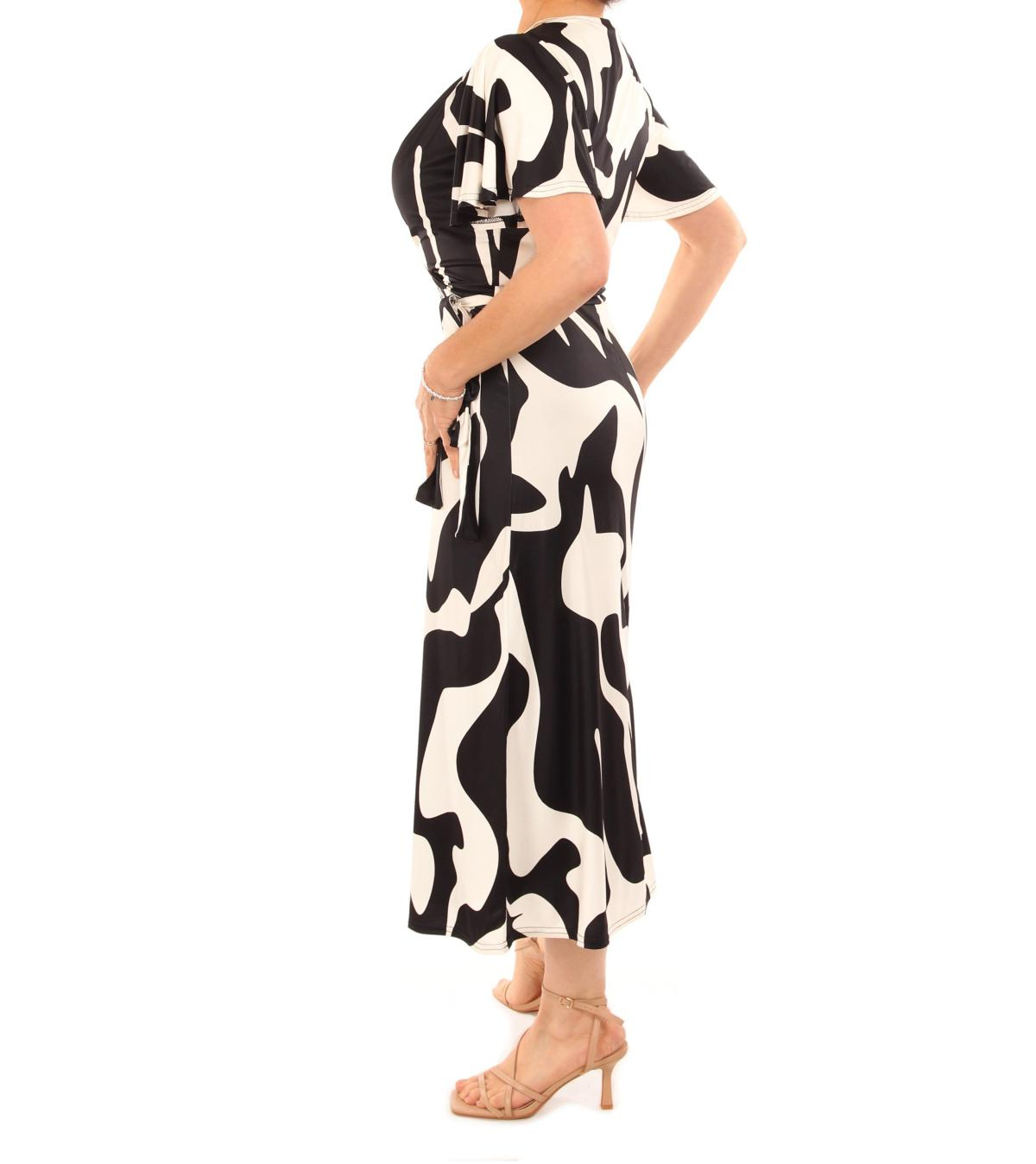 Black and Ivory V Neck Belted Flutter Sleeve Dress