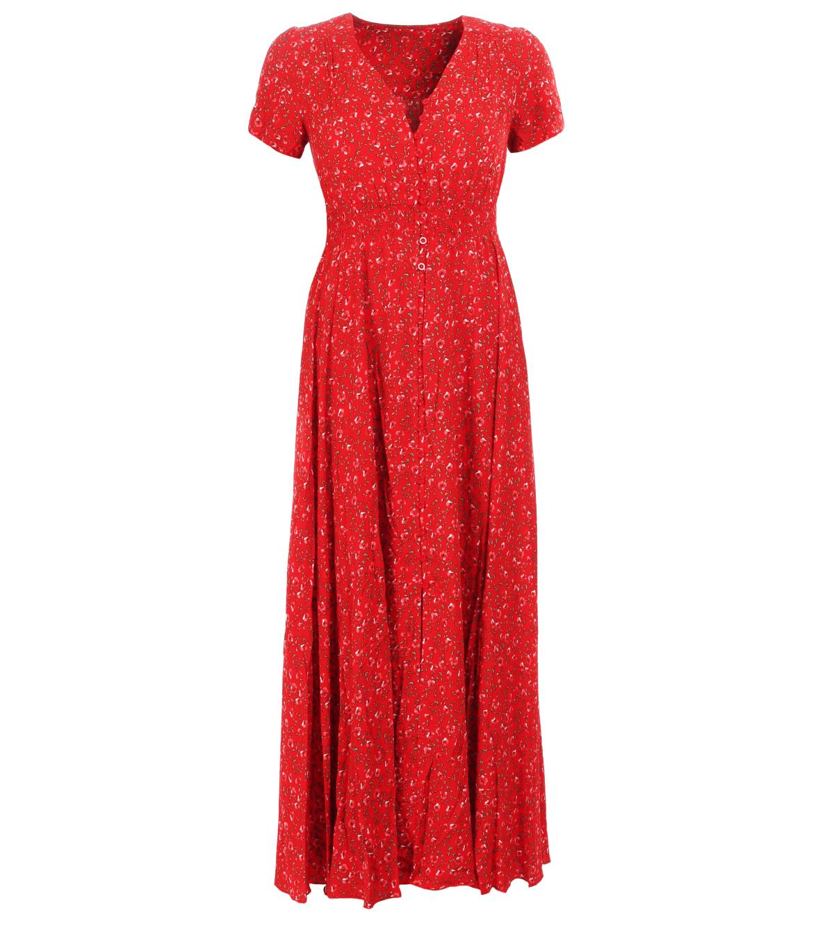 Red Ditsy Print Button-Through Maxi Dress