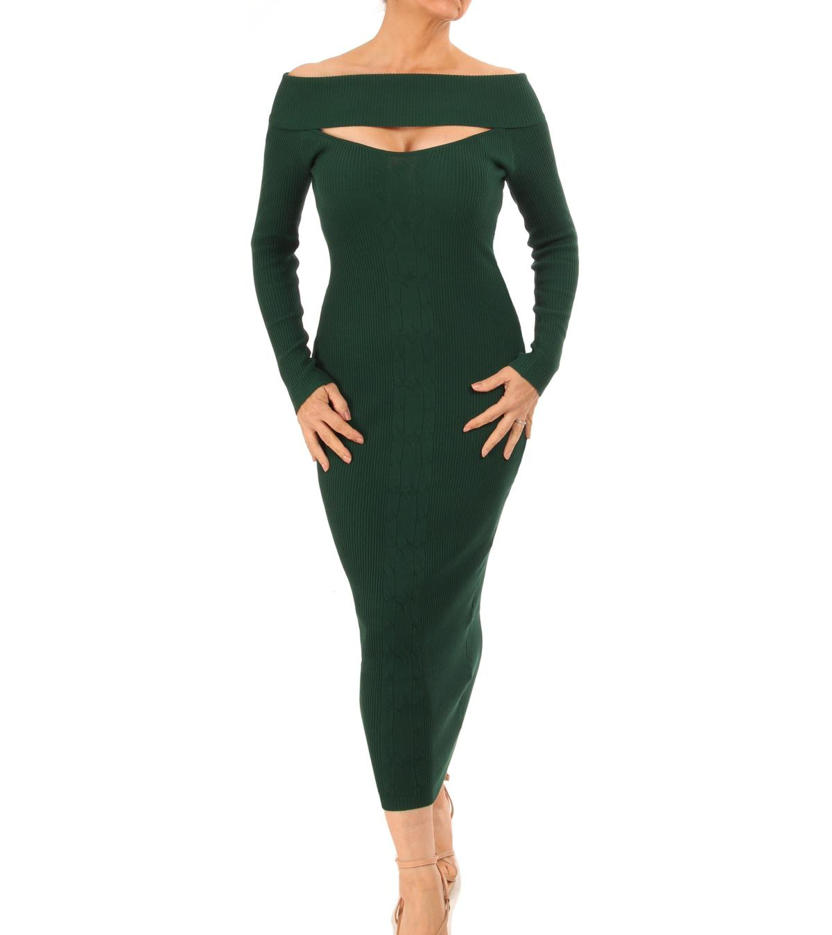 Dark Green Cable Knit off the Shoulder Jumper Dress