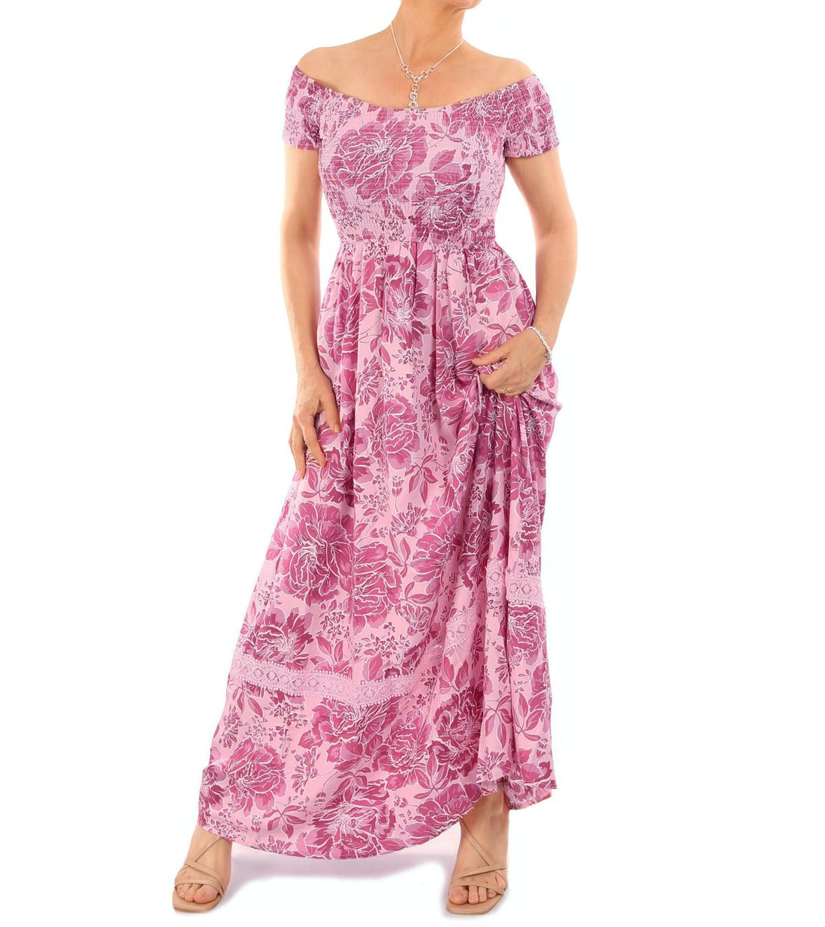 Pink Floral Bardot Shirred Maxi Dress