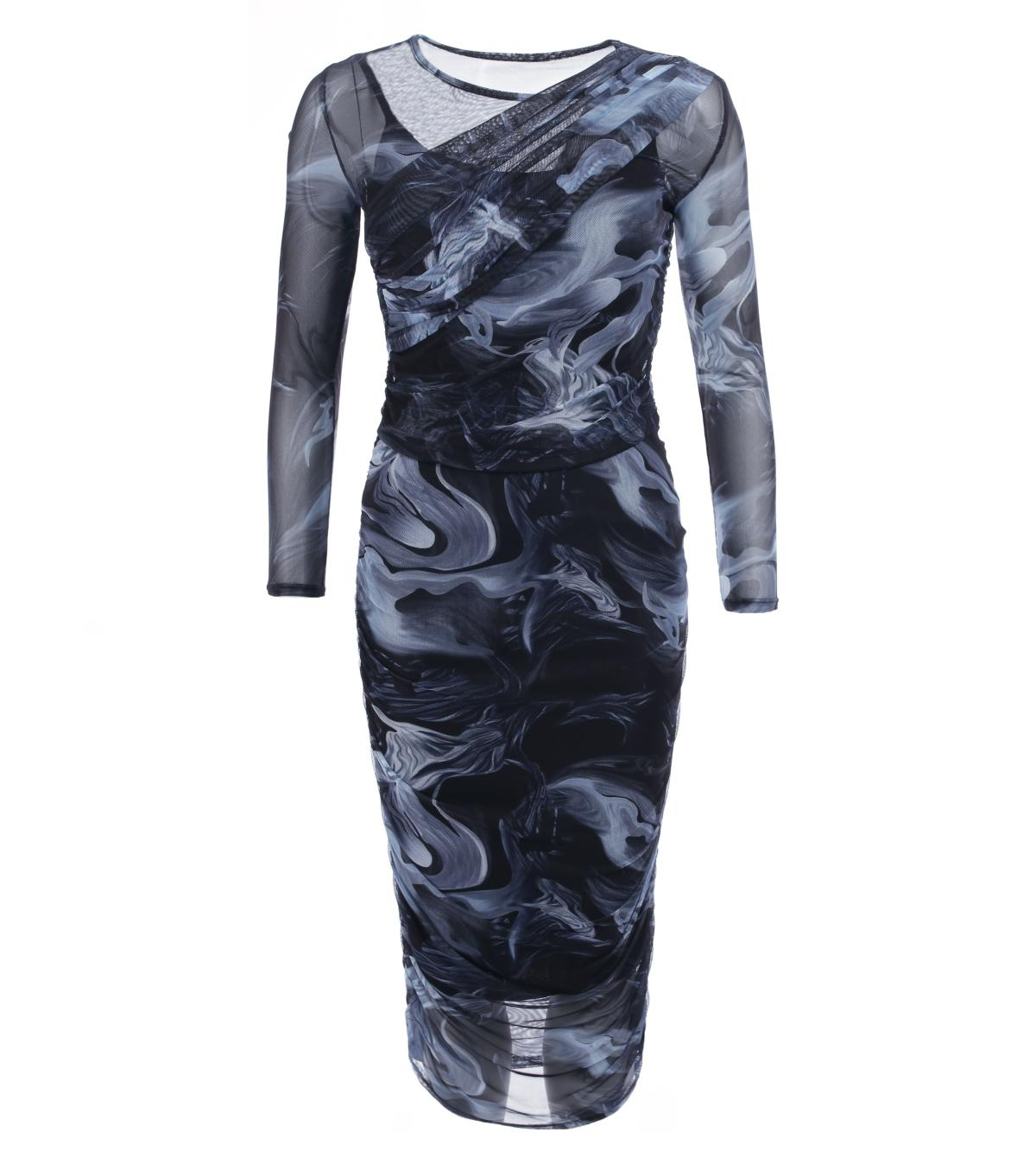 Blue Printed Mesh Co-Ord Top and Skirt Set