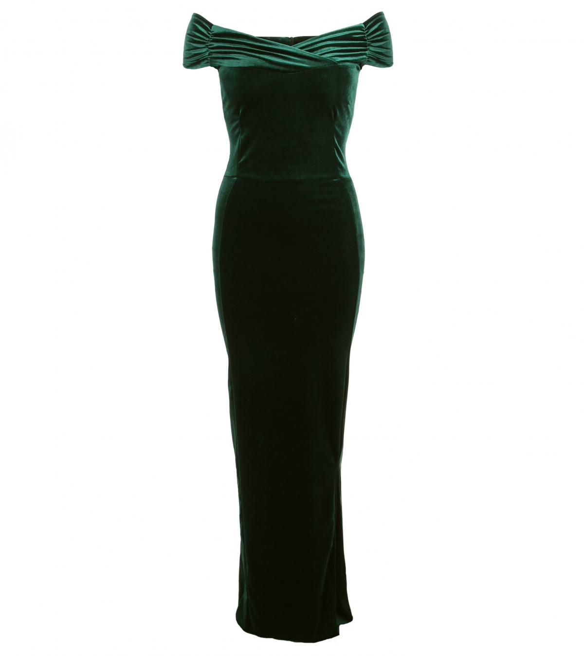 Emerald Green Velour Bardot Maxi Dress