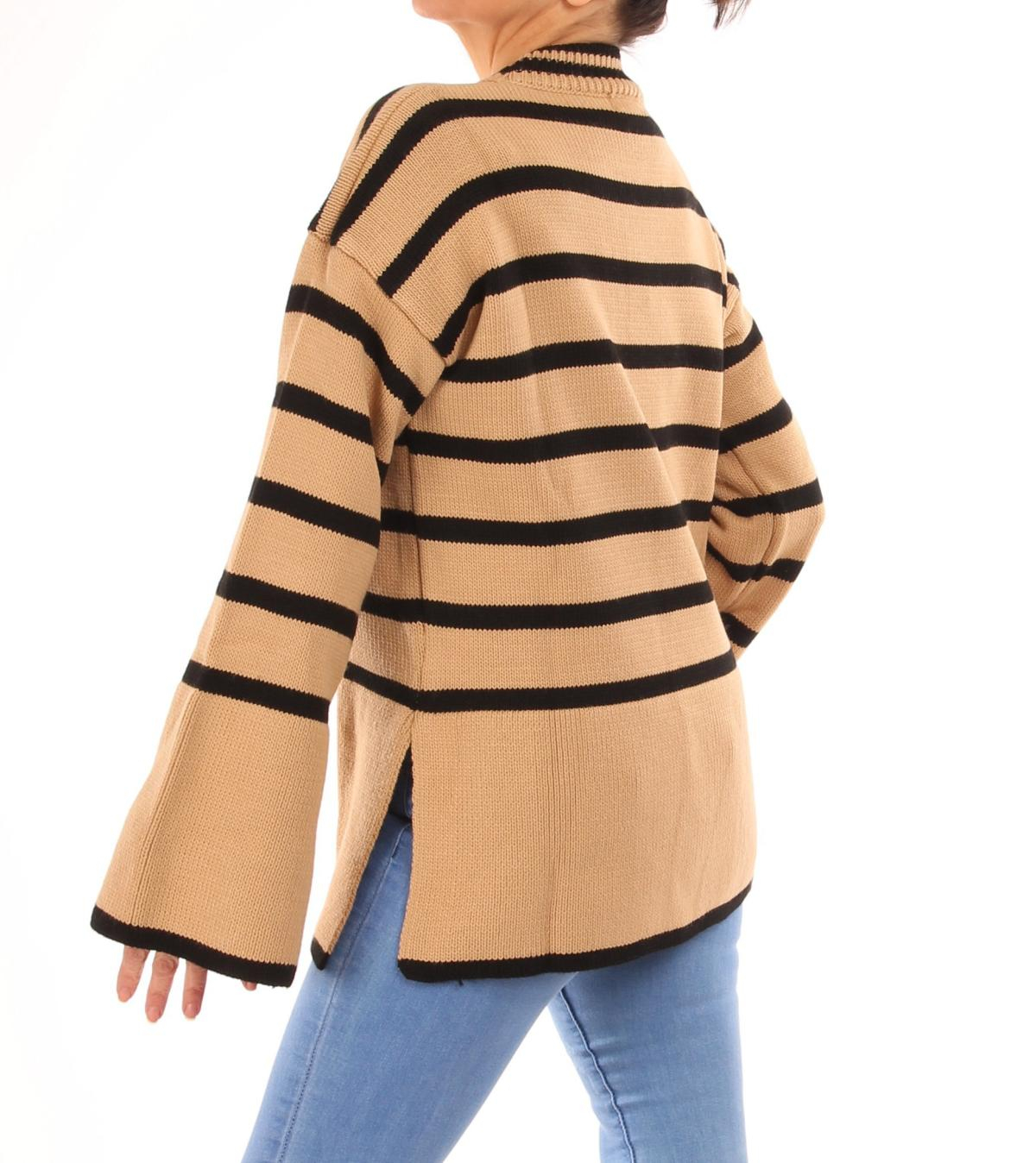 Camel and Black Striped Bell Sleeve Jumper