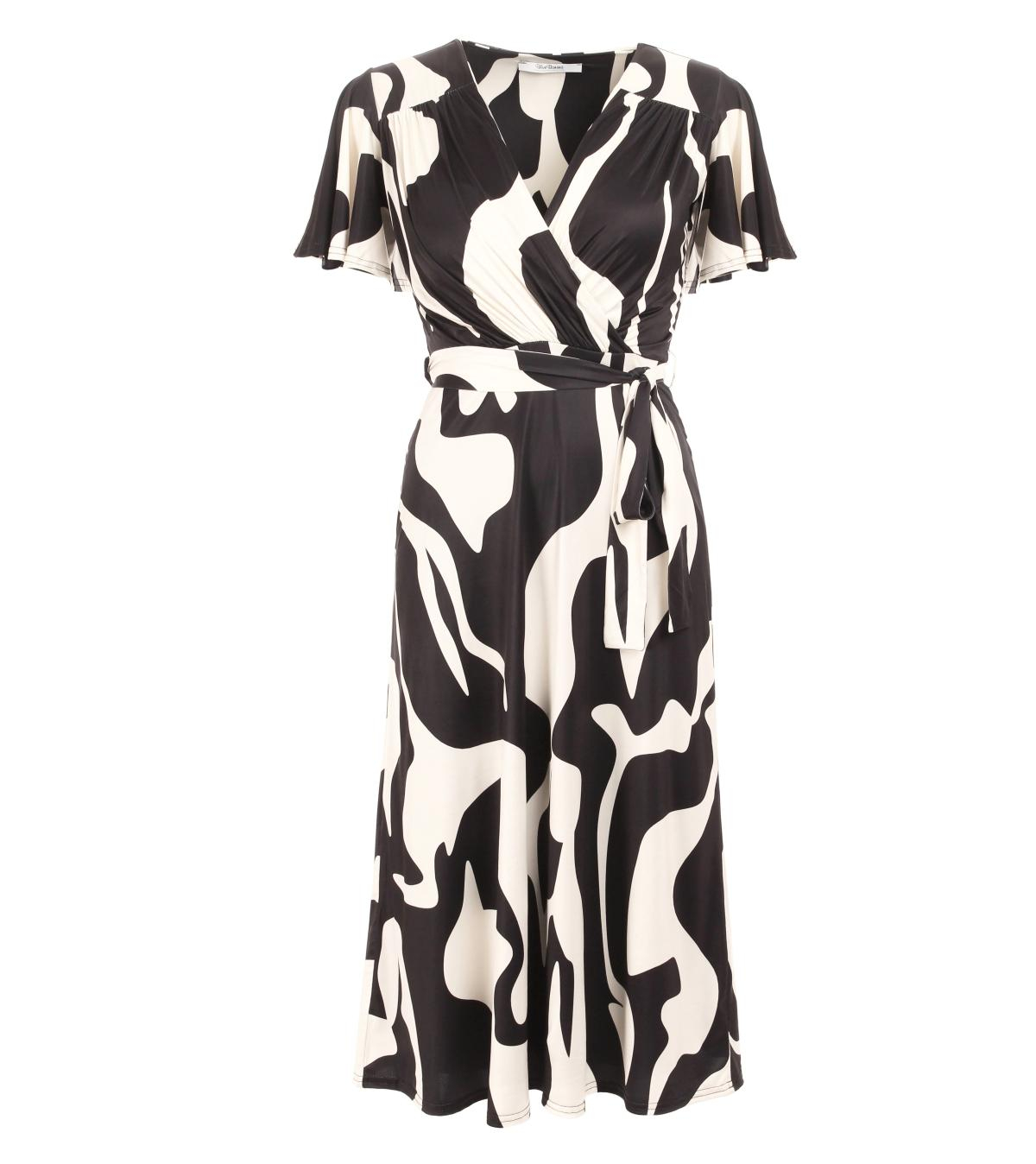 Black and Ivory V Neck Belted Flutter Sleeve Dress