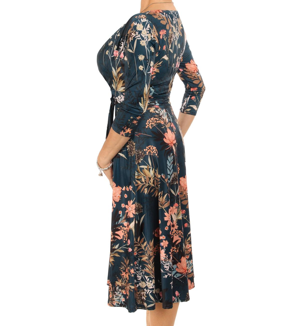 Dark Teal Floral Fit & Flare Tie Detail Dress