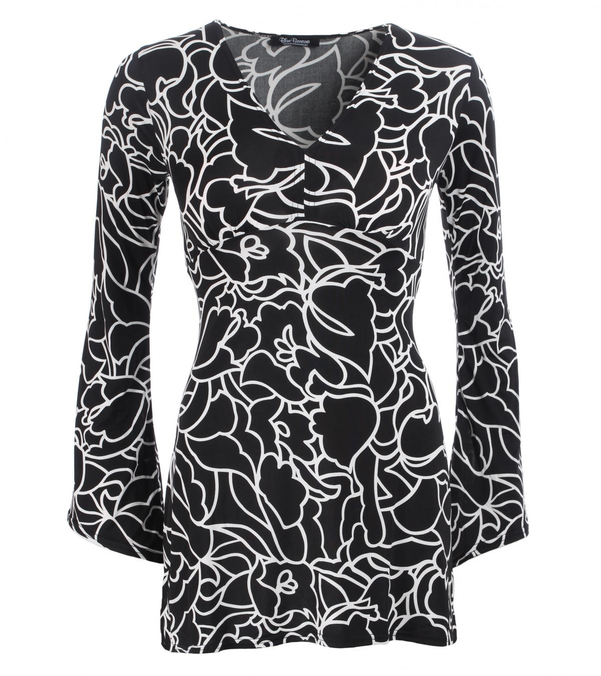 Black and White Squiggle Print Bell Sleeve Tunic Top