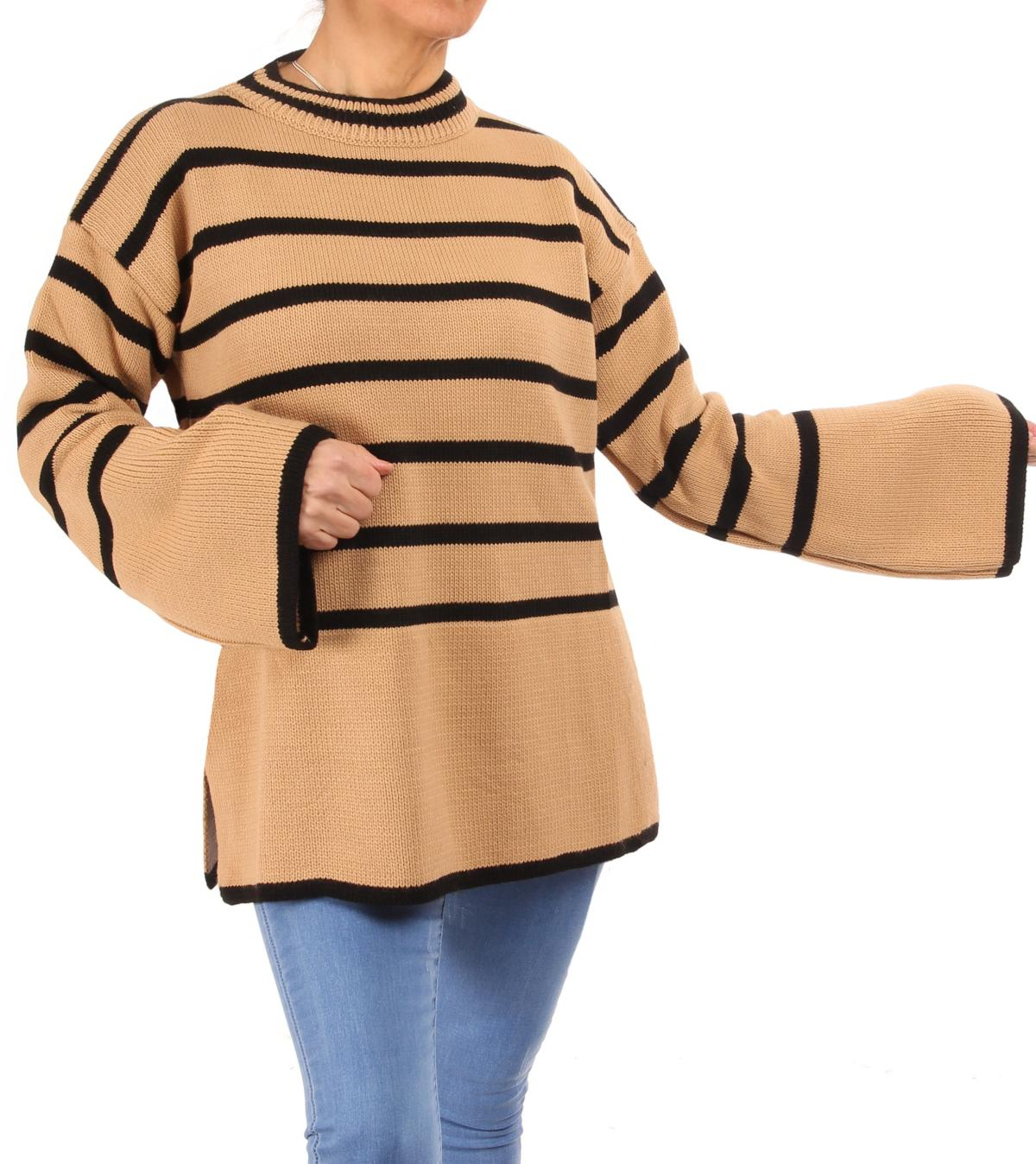 Camel and Black Striped Bell Sleeve Jumper