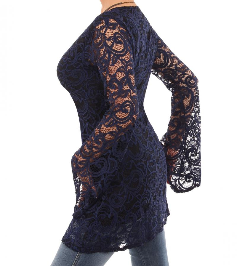 Navy Blue Crochet Lace Bell Sleeve Top