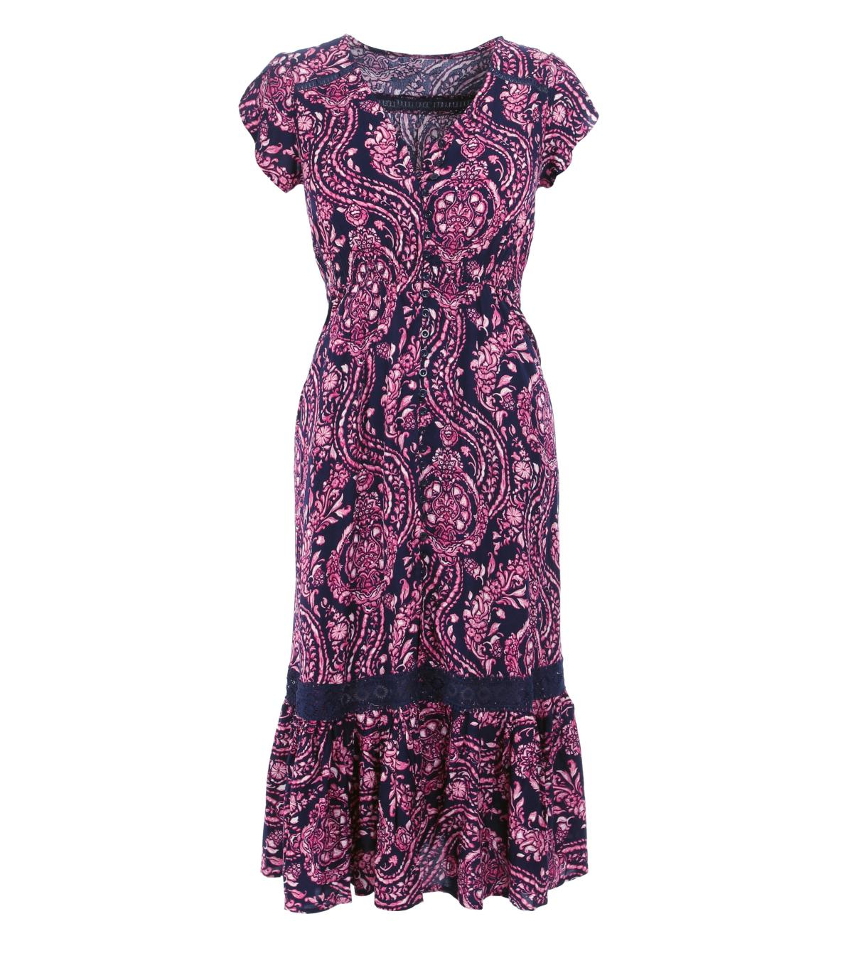 Pink and Navy Blue Paisley Button Through Midi Dress