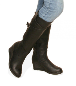 Black Leather Effect Wedge Boots