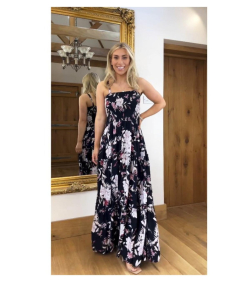 Navy Blue and Pink Floral Strappy Maxi Dress