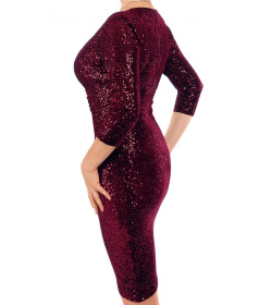 Wine Velour Sequin Knee Length Dress